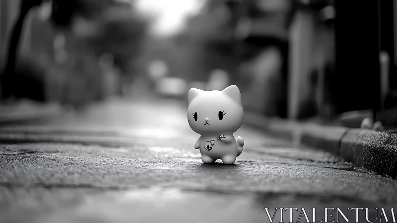 Monochrome vinyl cat figurine centered on wet city street.