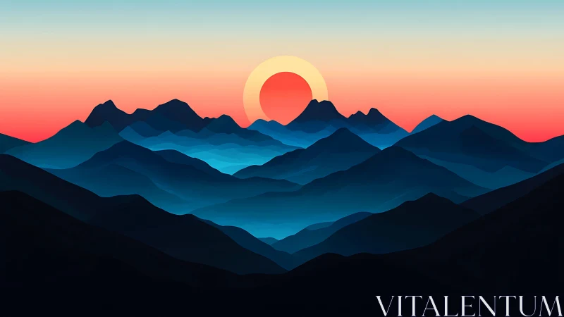 Minimalist sunset illuminates layered blue mountain silhouettes
