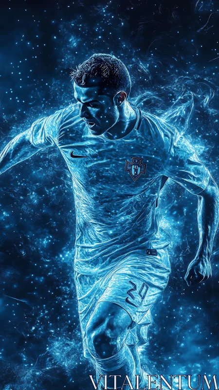 Neon energy-rendered footballer sprints through electric void
