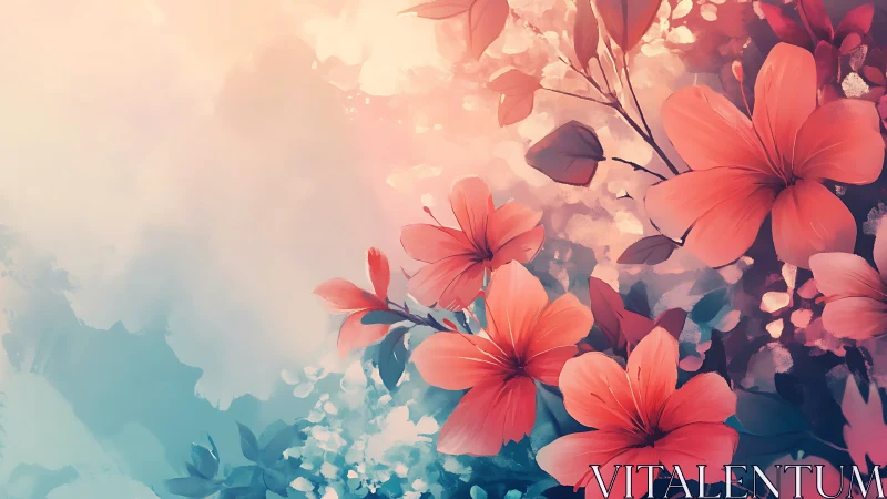 Coral Flowers with Soft Watercolor Background.