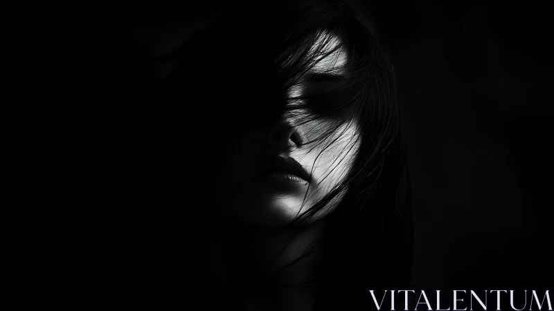 Woman&rsquo;s partially lit face emerges from deep surrounding darkness