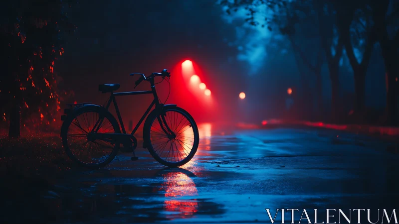 Bicycle silhouette under red-blue neon ambient illumination in urban environment