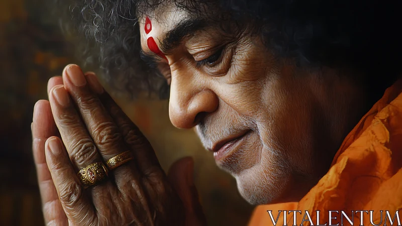 Elderly spiritual man in orange robe praying in profile view