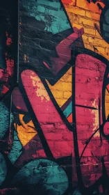 Urban graffiti abstraction on brick wall in saturated chroma.