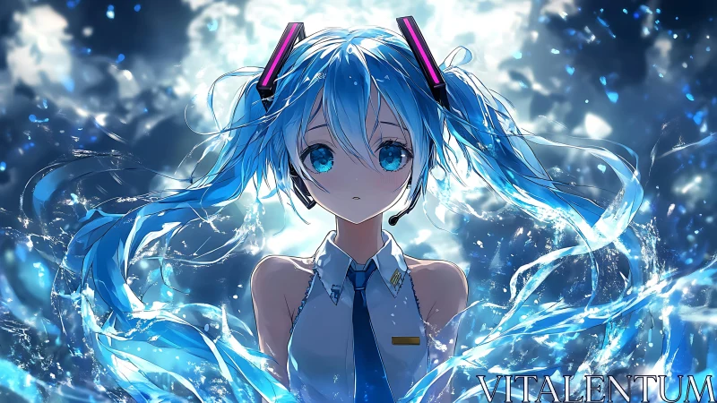 Sparkling blue-haired singer rising from swirling starlit sea.