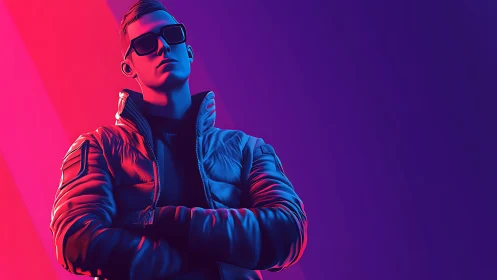 Neon-lit streetwear figure stands in bold cyberpunk glow.