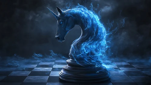 Ethereal blue unicorn knight sculpted in spectral flame.