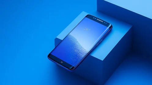 Blue smartphone on geometric block in monochrome studio.