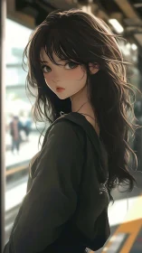 Soft-eyed girl at the station bathed in gentle morning light.