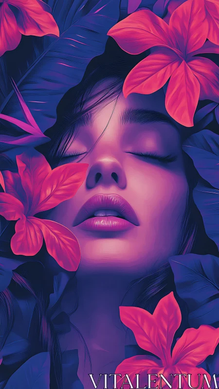 Neon-lit dreaming portrait amid vivid tropical blossoms.