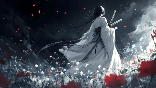 Lone swordswoman in white kimono over stormy flower field.