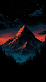 Crimson dusk crowns a tranquil mountain under starlit skies