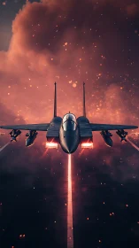 Stealth fighter jet ignites runway under ember-filled dusk sky.