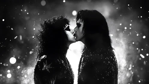 Black and White Portrait of Two Figures in Silhouette Facing Each Other