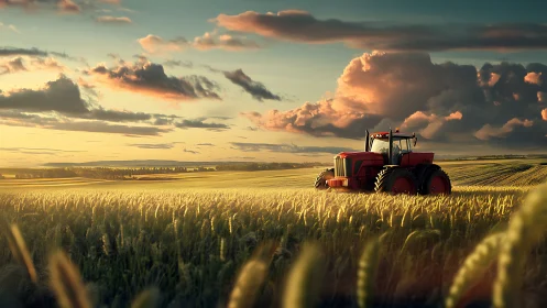 Crimson tractor drifts through sunlit wheat under painted clouds.