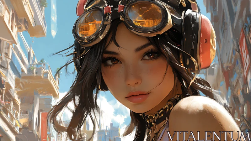 Sunlit street explorer with golden goggles and bold gaze.