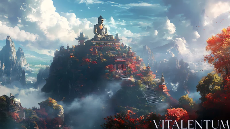 Mountain temple complex is depicted beneath dynamic clouds