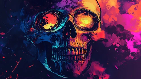 Flaming neon skull glows against dark cosmic backdrop