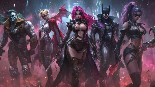 Cyberpunk vigilante squad in neon dystopian alleyway composition.