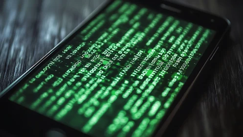 Smartphone screen glows with cascading green code lines.