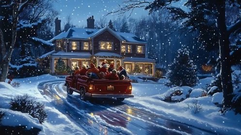 Red pickup truck on snowy driveway before lit winter house.