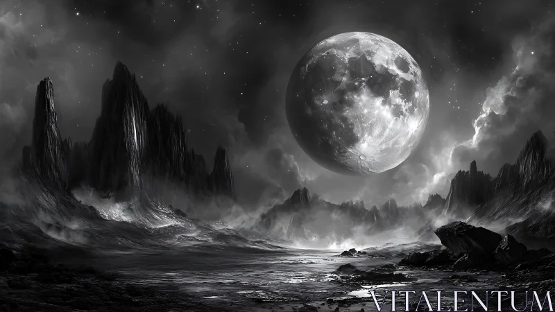 Moonswept basalt valley under swollen celestial lanterns.