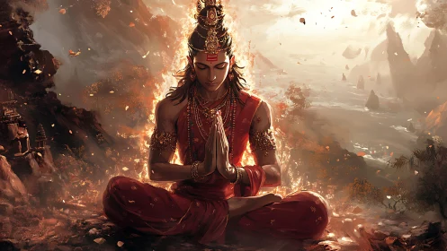 Serene divine yogi rests in fiery mountain sunrise calm