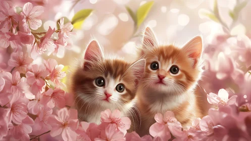 Two Adorable Kittens Playing Among Pink Blossoms