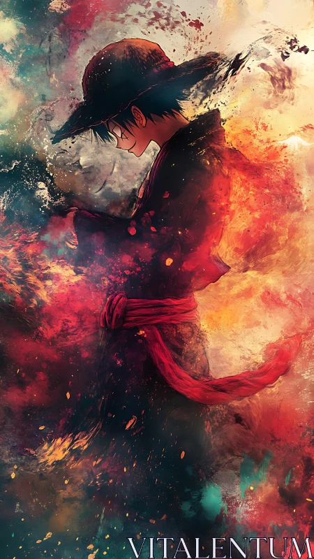 Straw hat warrior stands in swirling fire and smoke