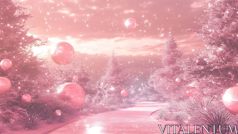 Pink fantasy forest path with floating reflective spheres.