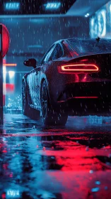 Rear-wheel cinematic coupe under neon rainfall illumination.