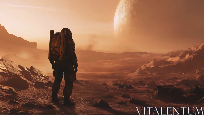 Solitary astronaut surveying sunlit alien wasteland.