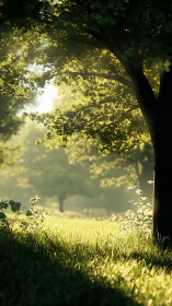 Sunlit forest meadow with soft morning haze glow.