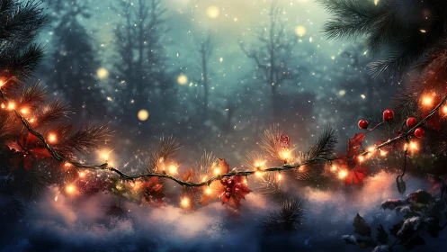 String lights illuminate snowy pine branches in winter forest