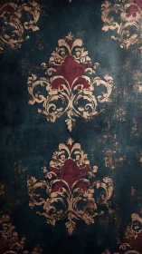 Aged baroque damask motif on distressed teal wall surface.