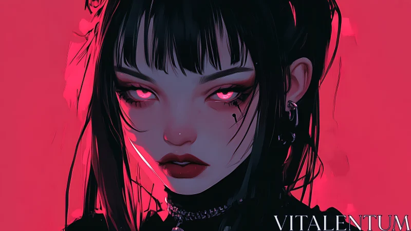 Neon-eyed goth portrait under crimson cyber glow.