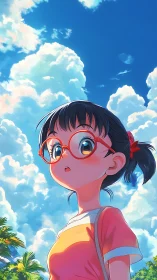Young person in glasses under bright cumulus sky.