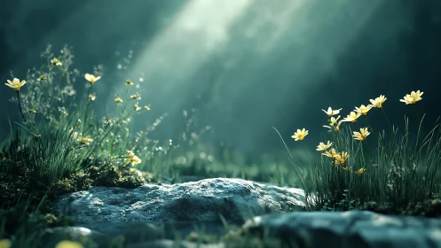 Soft sunlight over wild yellow flowers in a quiet meadow.