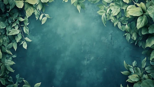 Green foliage border frames textured teal background space