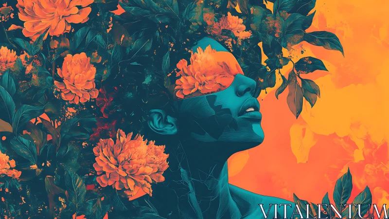Neon cyan portrait entwined with orange florals and foliage