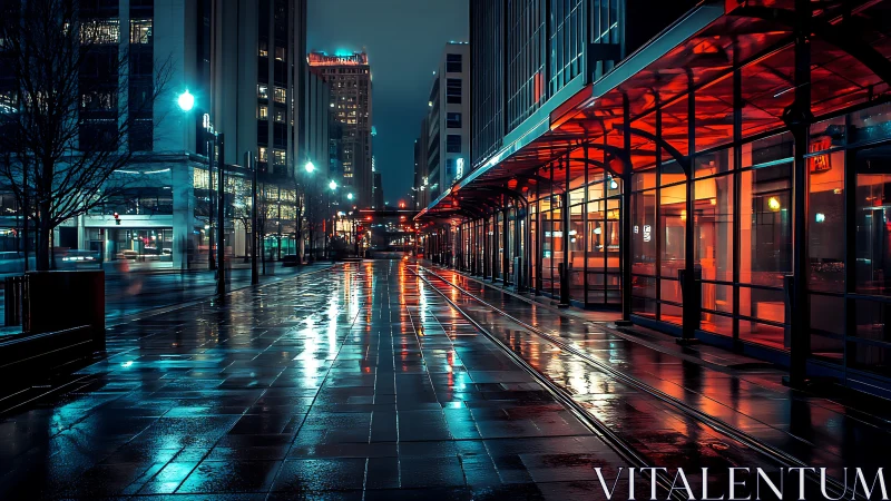 Rainwashed neon corridor cuts through a midnight glass city.