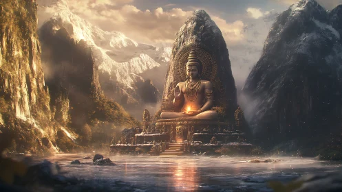 Monumental meditative statue amid glacial valley illumination.