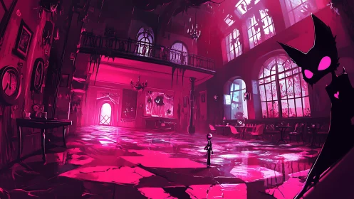 Neon pink haunted hall with lone figure and shadow cat.