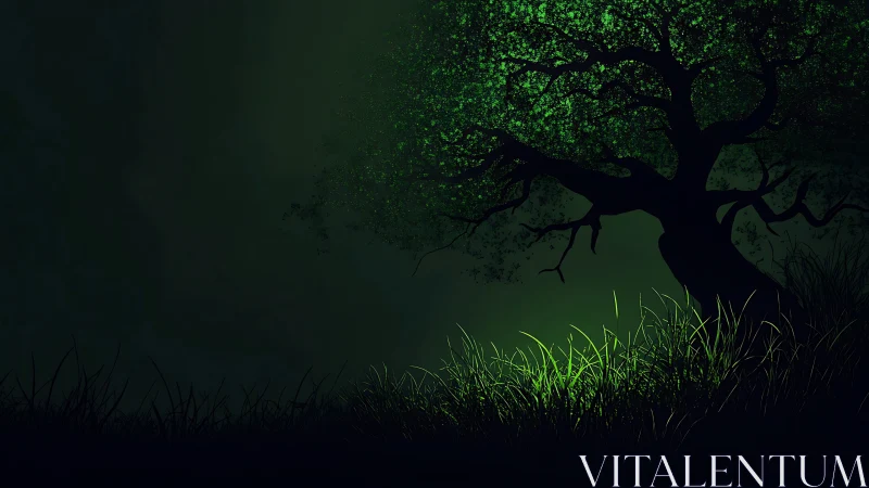 Whisperlit tree crowned in emerald glow over shadowed grass.