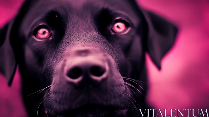 Close-up portrait of black dog under magenta lighting.