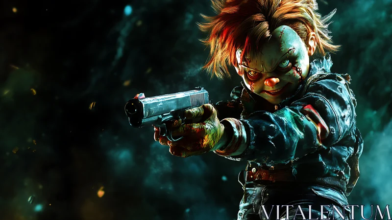 Sinister stitched doll aims handgun in stylized neon horror.