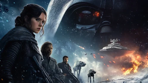 Starlit rebels stride beneath looming masked shadow.