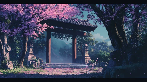 Cherry blossom gate in tranquil forest shrine setting.