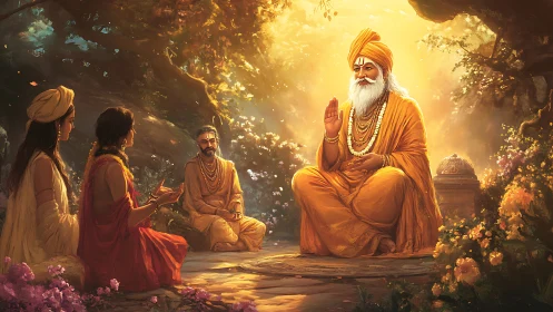 Golden grove satsang with radiant guru and spellbound seekers.