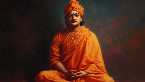 Serene monk in orange robes resting in gentle meditation.